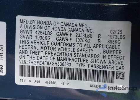 2025 Honda Civic Hybrid Sport/Sport Touring из США, поврежденный, VIN 2HGFE4F8XSH330583